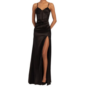 Blondie Nites Black Satin Corset Maxi Dress Size S 3 Prom Formal Illusion Plunge